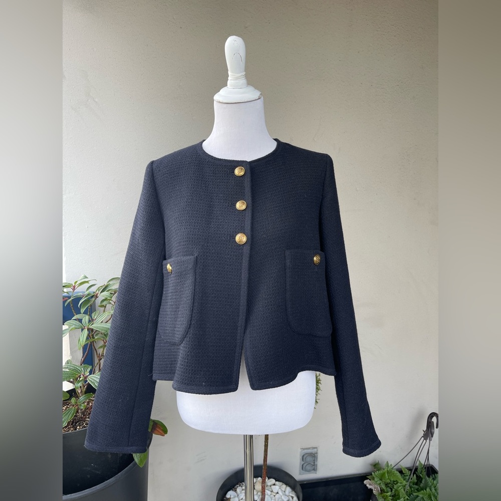 🌿 ZARA Cropped Tweed Wool- blend Jacket - Navy, Size M